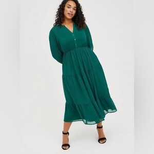 Torrid | Green Swiss Dot Tiered Sheer Maxi Peasant Dress - Size 1 (1X) (14/16)